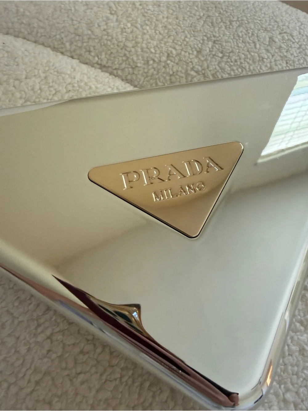 Prada Triangular Metal Clutch Bag Case Silver Gold Triangle Logo Large